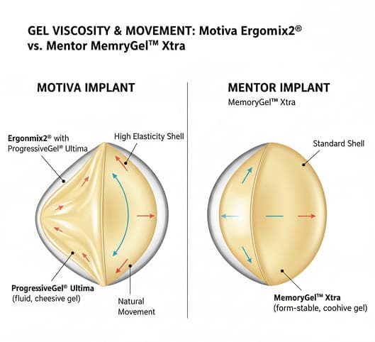 Cross-section of Motiva vs Mentor implants showing gel viscosity and movement