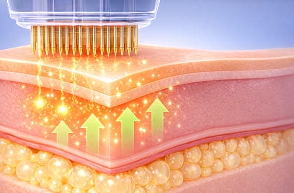 Diagram showing microneedles penetrating the dermis with RF energy thermal zones