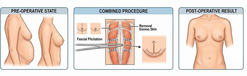 Diagram showing abdominal muscle repair and breast lift alignment